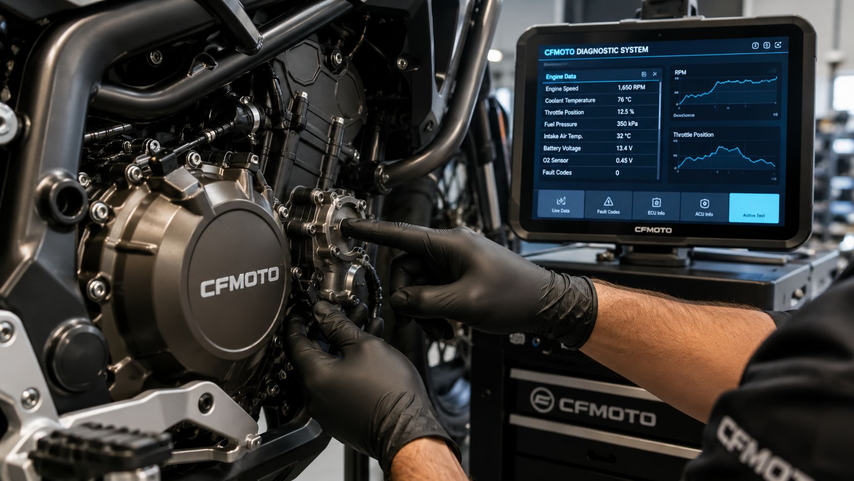 A mechanic in black gloves inspecting a CFMOTO motorcycle engine using a digital diagnostic tablet.