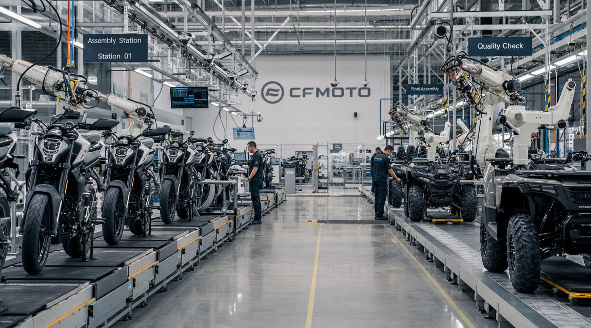 A modern CFMOTO factory production line with industrial robots assembling motorcycles and all-terrain vehicles efficiently.