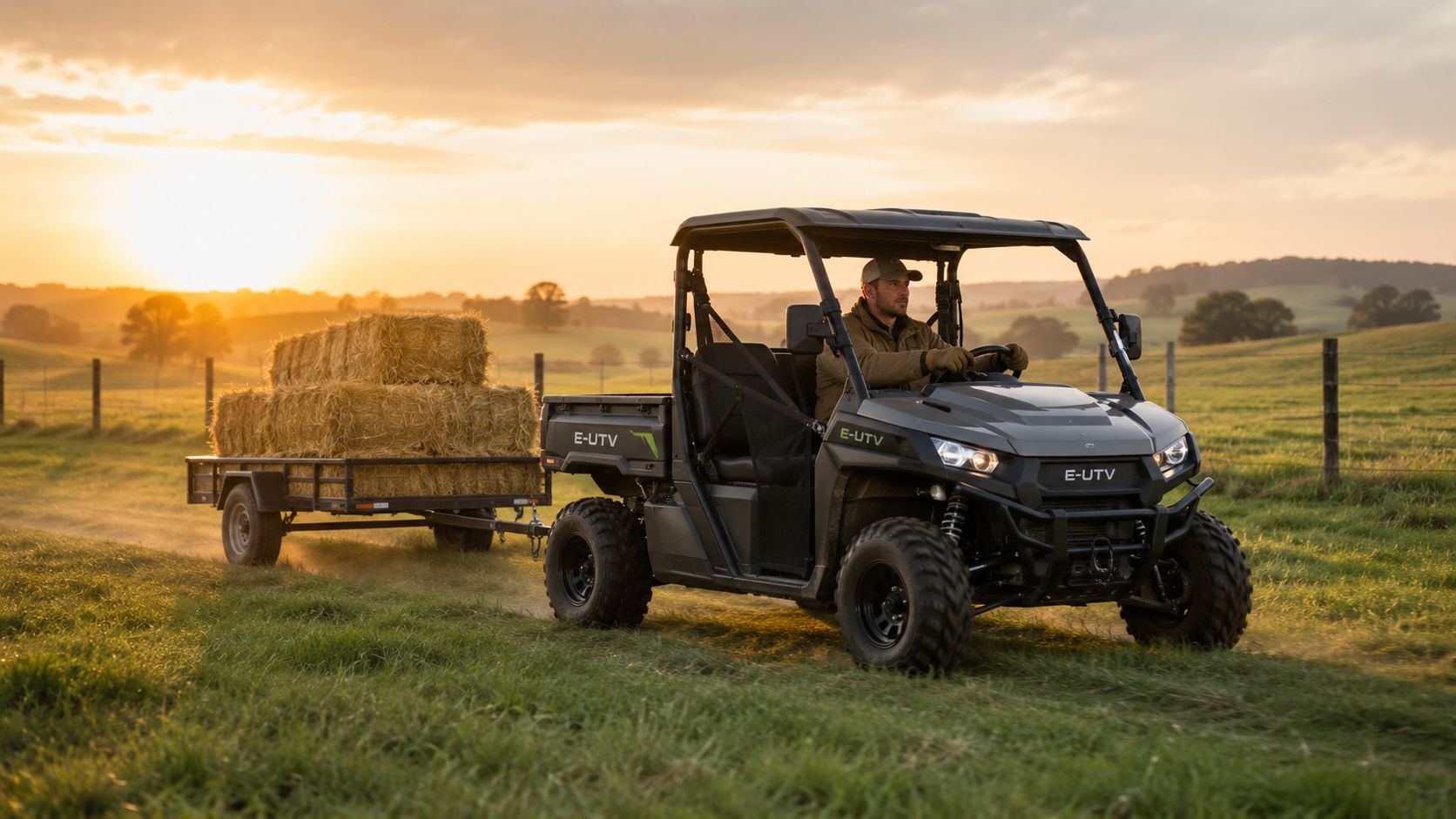 A man driving an electric UTV pulling a trailer filled with hay bales through a grassy field at sunset.