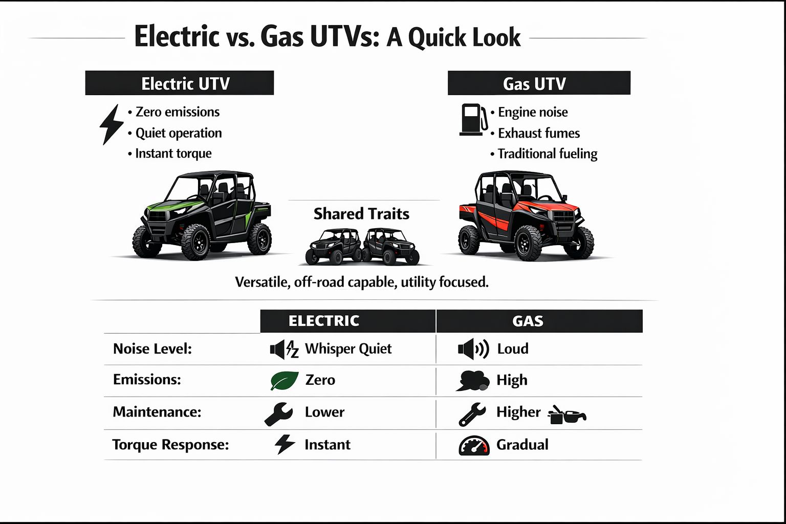 A comparison infographic between electric and gas utility terrain vehicles showing key differences and shared features.