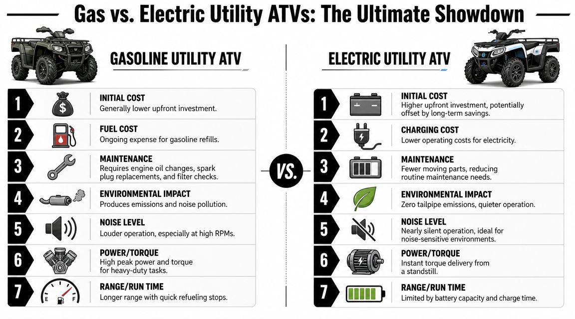 A comparison infographic between gasoline and electric utility ATVs outlining key differences in cost, maintenance, and performance.