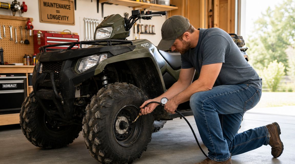 A man in a garage checking the tire pressure on his olive green utility ATV.