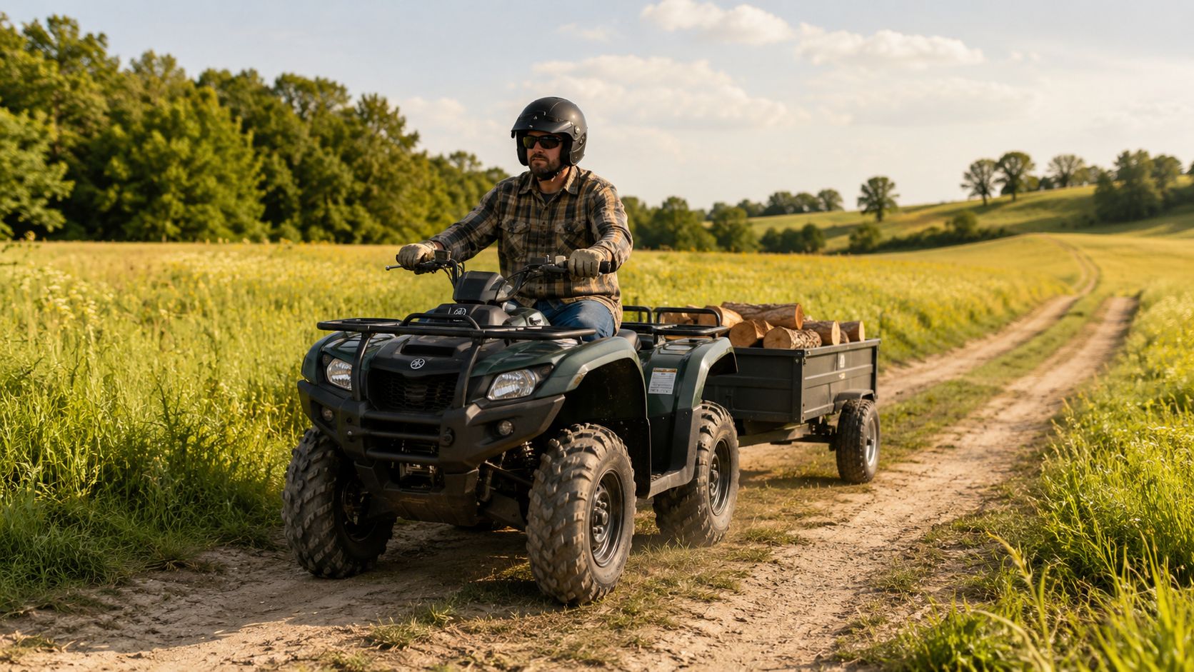 A man wearing a helmet and plaid shirt riding a green utility ATV pulling a wooden log trailer