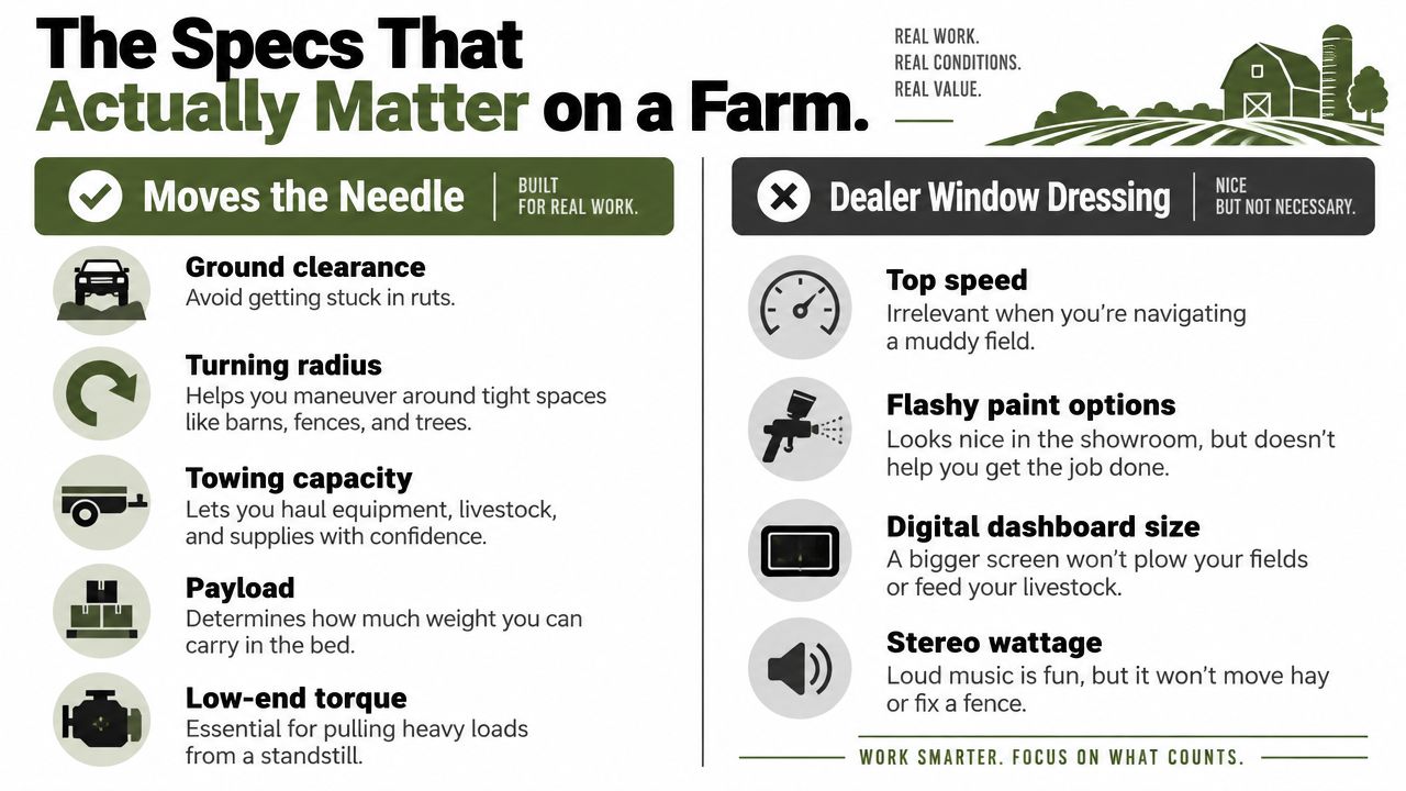 A comparison chart showing essential farm vehicle features like ground clearance versus unnecessary cosmetic specifications.