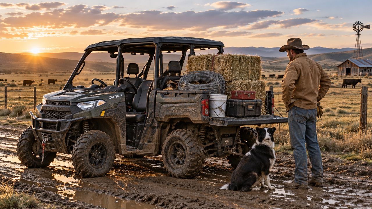 A cowboy standing next to his Polaris Ranger XP utility vehicle in a muddy field at sunset.