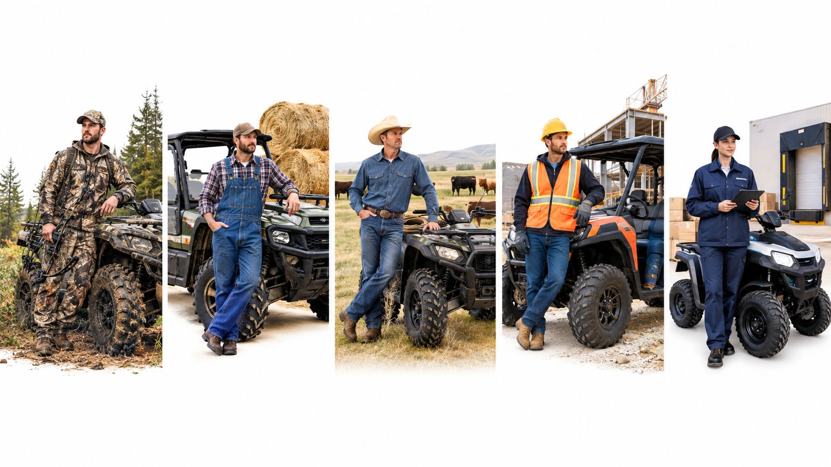 A collage showing five different people dressed for various work and outdoor activities with their all-terrain vehicles.