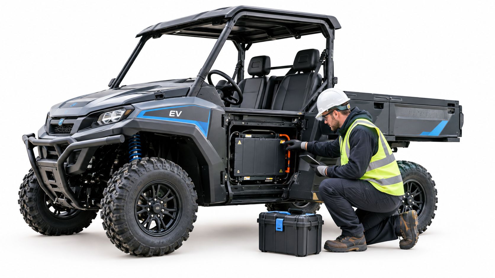A technician wearing a hard hat and high visibility vest inspects an electric utility vehicle using a tablet.