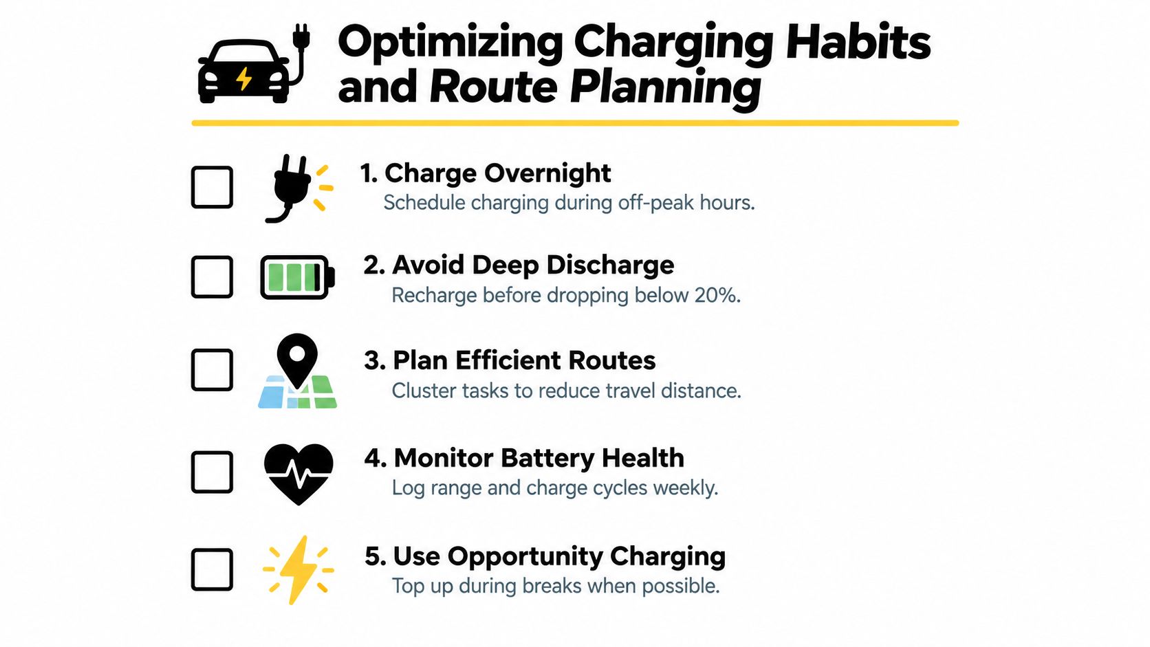 An infographic titled Optimizing Charging Habits and Route Planning with five numbered tips for electric vehicle owners.