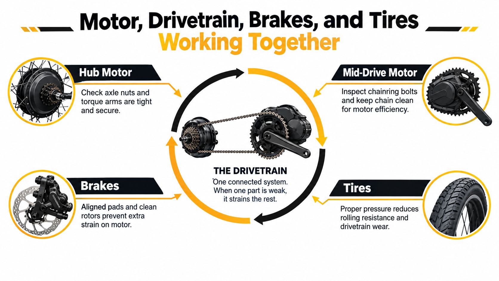 An infographic showing how to maintain an electric bike by checking the motor, drivetrain, brakes, and tires.
