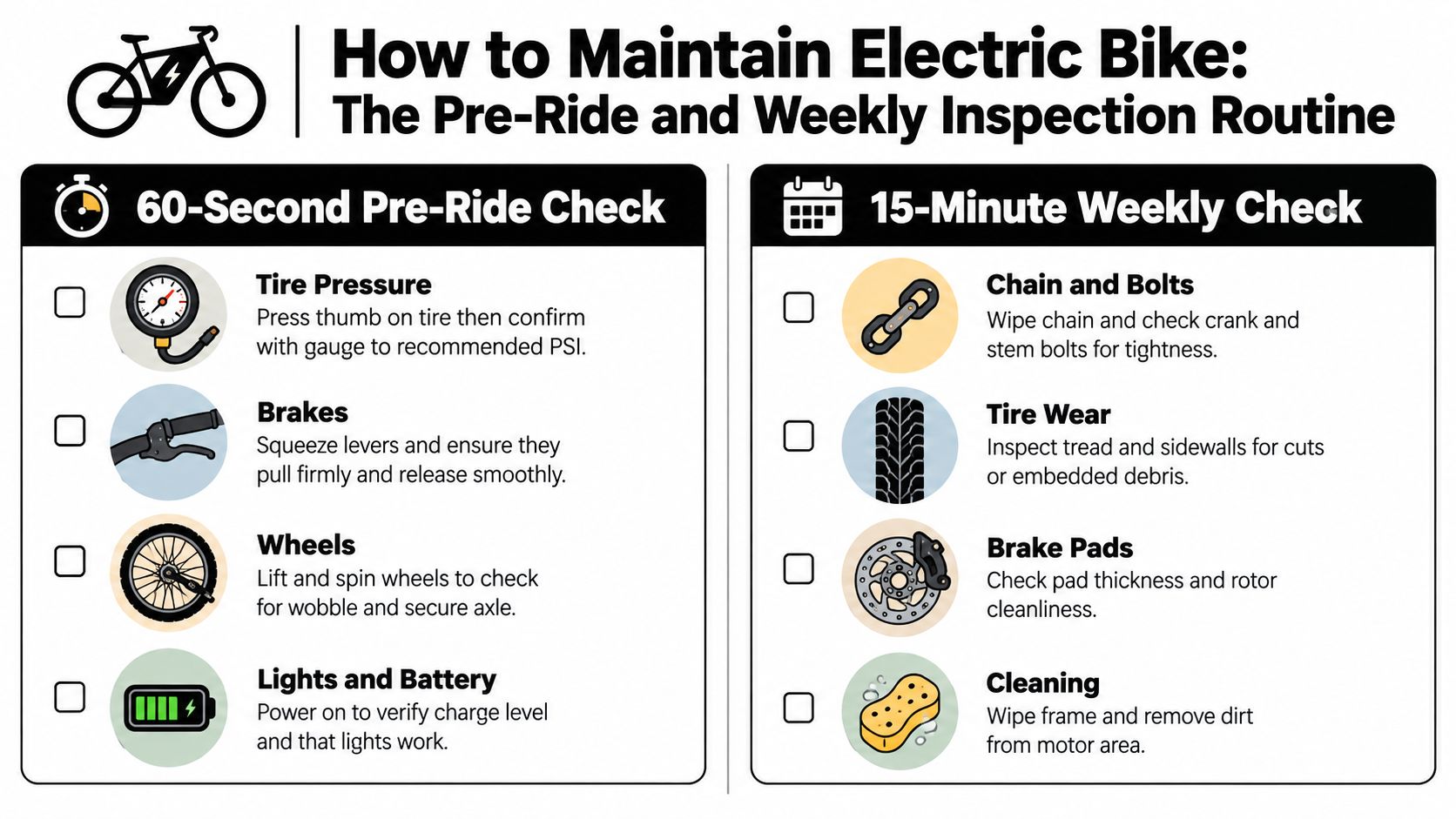 An infographic showing a pre-ride and weekly maintenance checklist for electric bike owners to ensure safety.