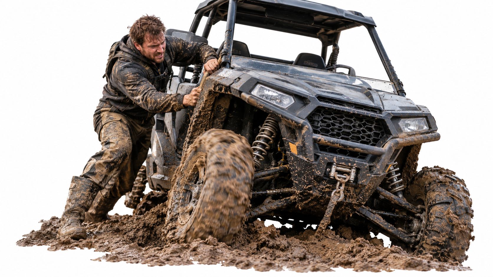 A man covered in mud pushing a stuck all-terrain vehicle out of thick deep mud.