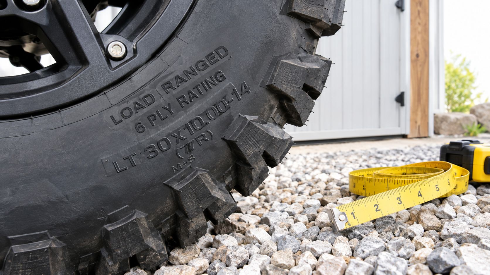 Close-up of a rugged UTV off-road tire sidewall showing size specifications next to a yellow measuring tape.