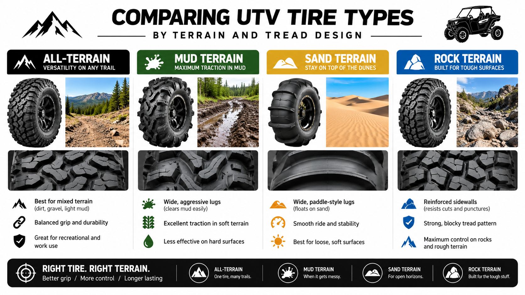 An infographic comparing four types of UTV tires: all-terrain, mud, sand, and rock, explaining their distinct tread designs.