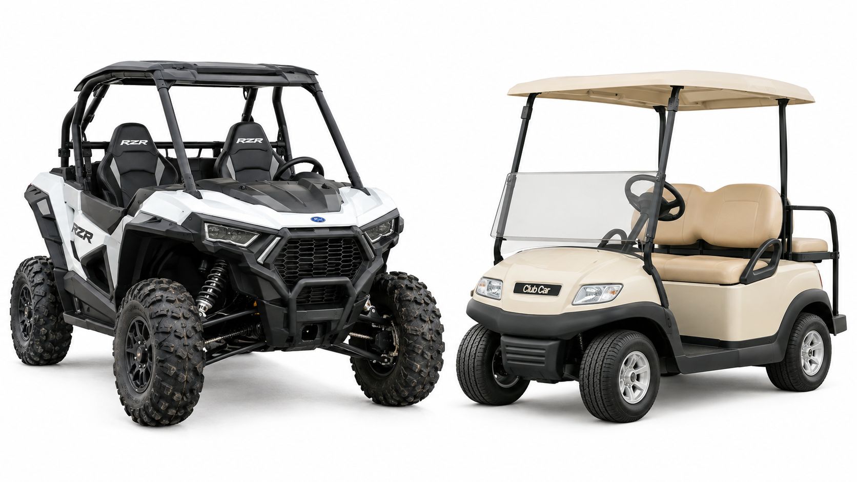 A side-by-side RZR vehicle parked next to a tan Club Car golf cart against a white background.