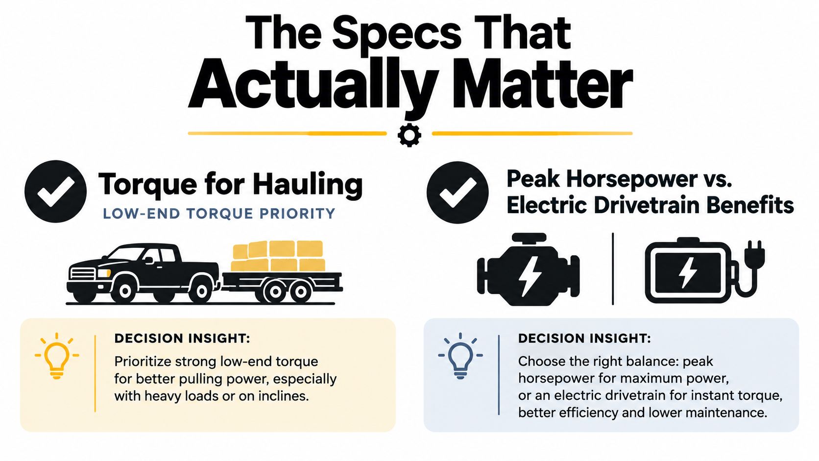 An infographic comparing vehicle specs, highlighting the importance of low-end torque versus peak horsepower and electric drivetrains.