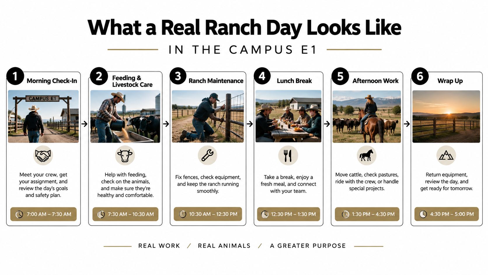 A schedule infographic titled What a Real Ranch Day Looks Like in the Campus E1 program.