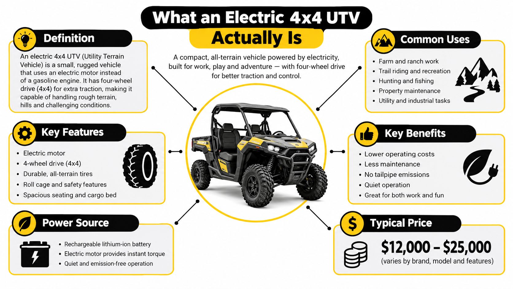 An infographic detailing the features, benefits, and common uses of an electric 4x4 UTV utility vehicle.