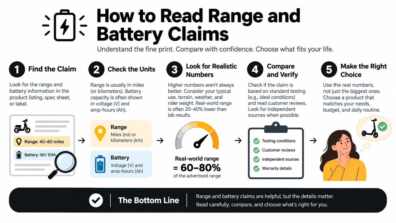 A five-step infographic guide on how to read and understand electric scooter range and battery performance claims.