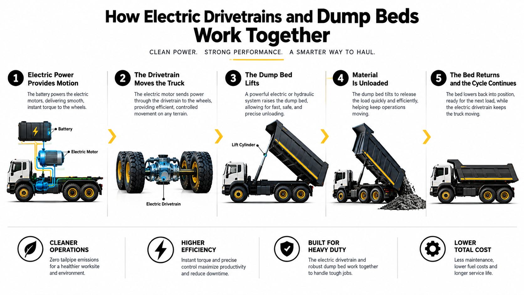 A five-step infographic showing how an electric drivetrain powers a dump truck and operates its dump bed.