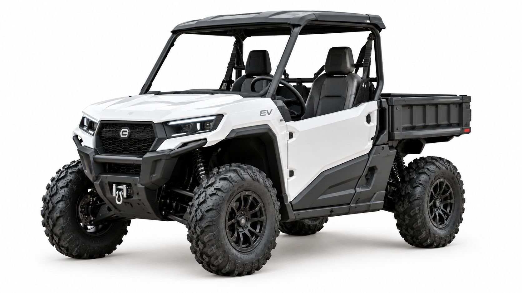 A white electric off-road UTV with a black dump bed, parked against a clean white background.