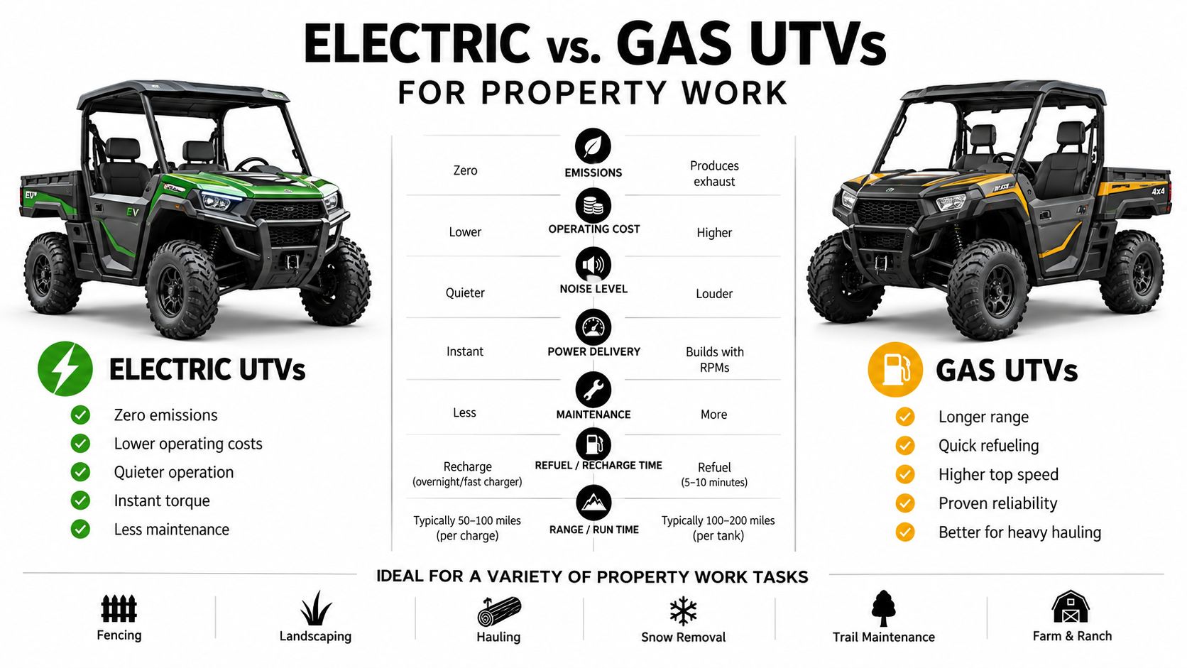 A comparison infographic between electric and gas UTVs for property work, highlighting key differences and benefits.