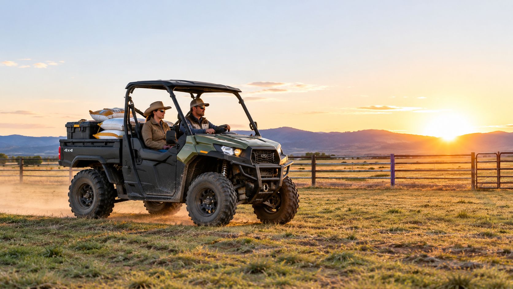 A couple driving an electric side by side 4x4 utility vehicle across a farm field at sunset.