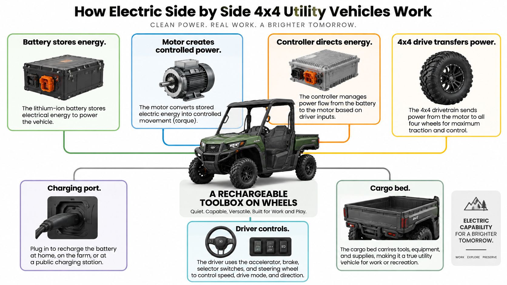 An educational infographic explaining the components and functionality of an electric side-by-side 4x4 utility vehicle.