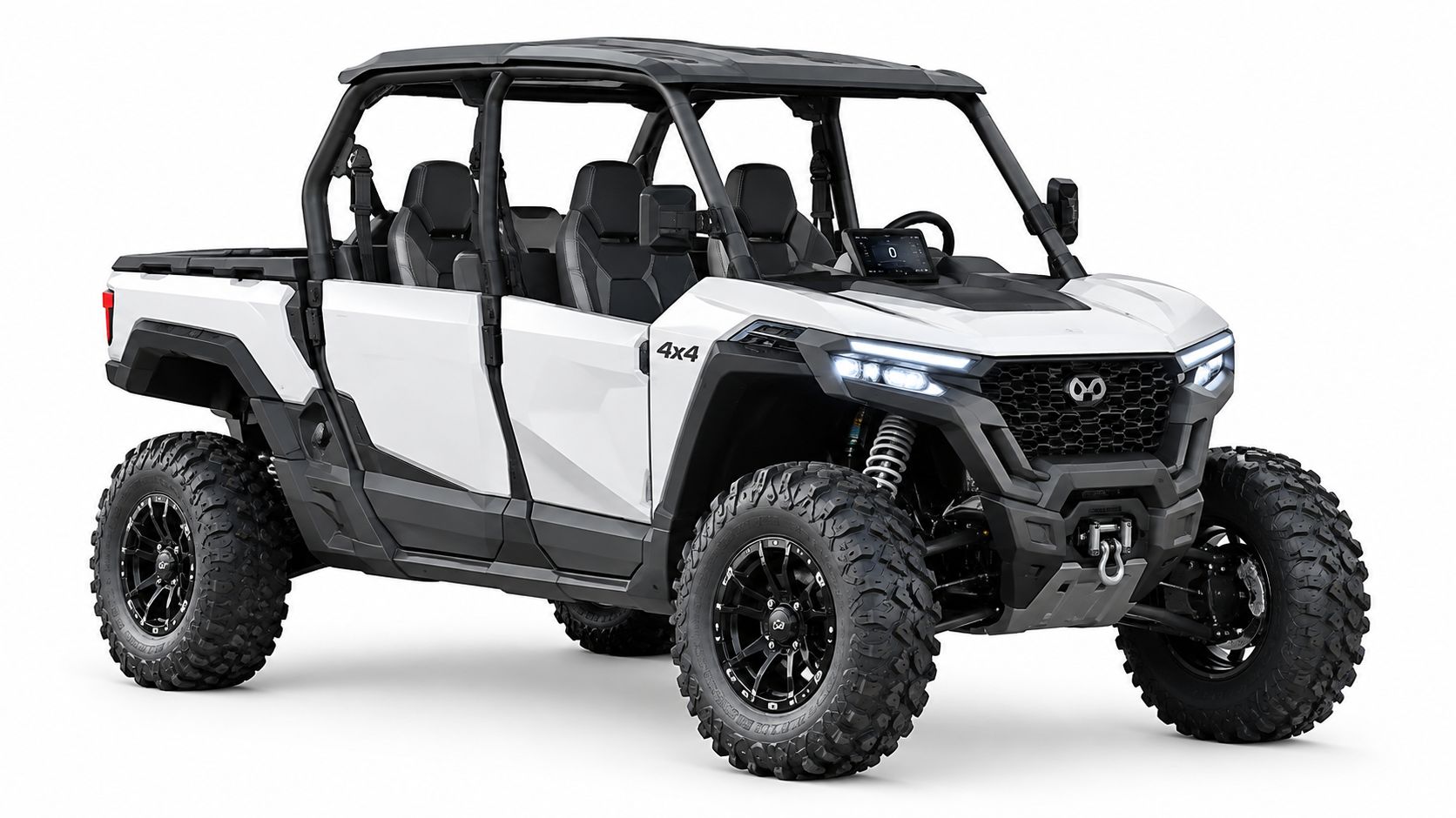 A white four-door all-terrain UTV vehicle with off-road tires, a winch, and LED headlights parked on white.