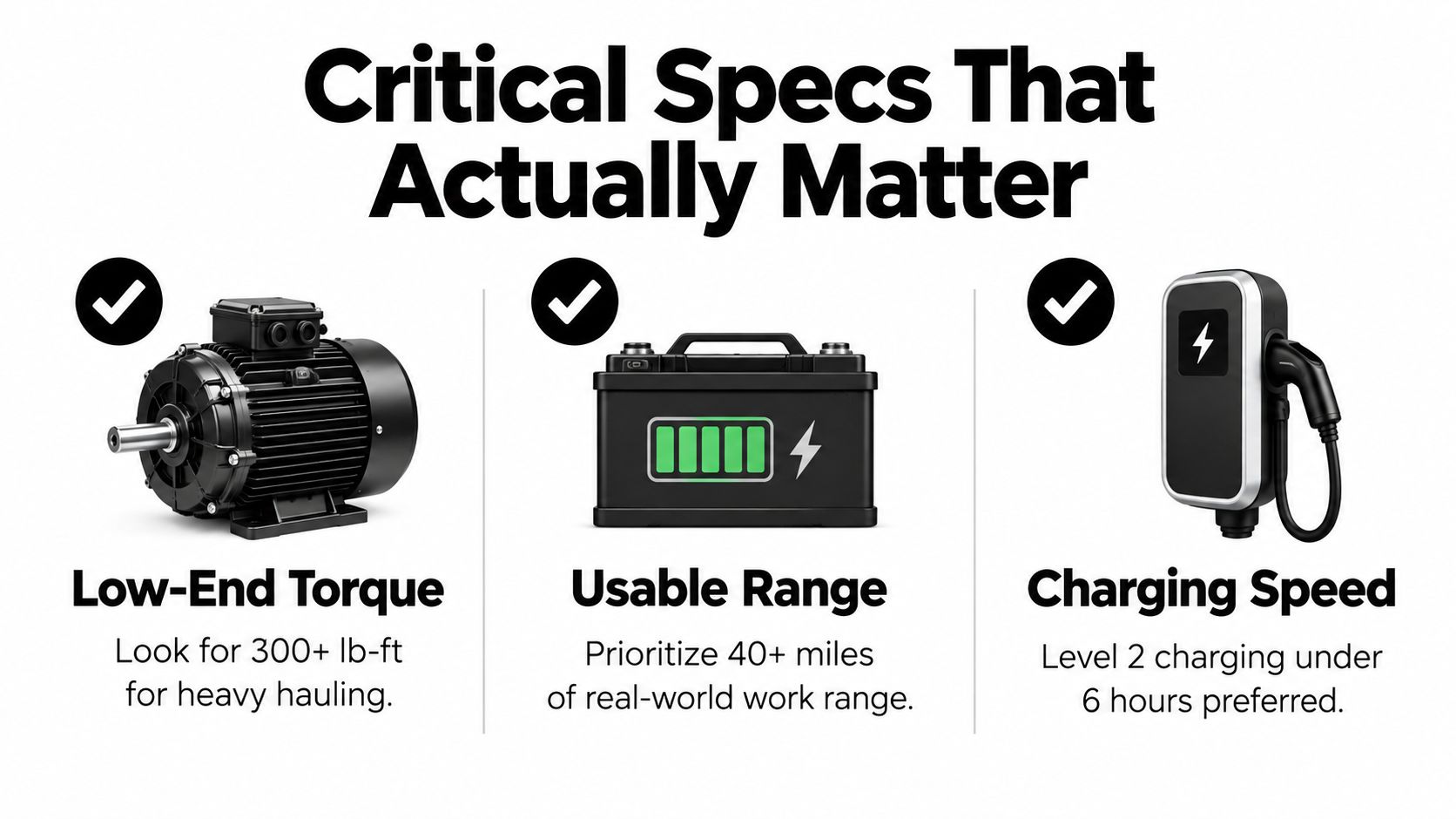 A graphic highlighting three critical electric vehicle specifications: low-end torque, usable range, and charging speed for work.