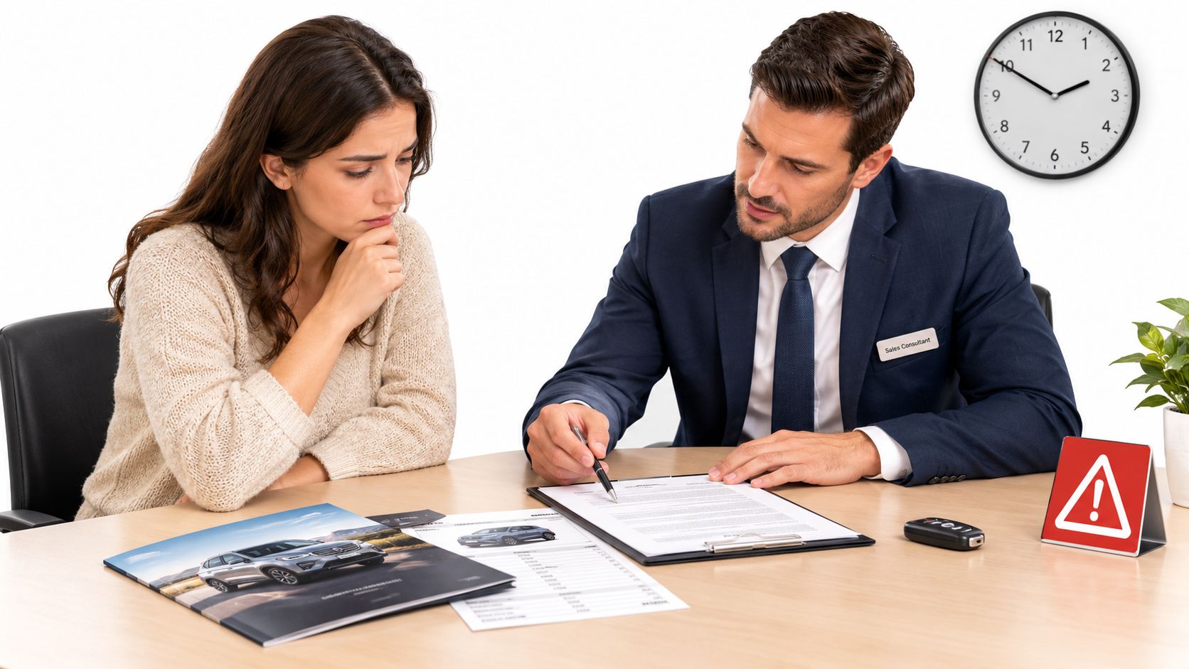 A concerned woman discusses a vehicle purchase contract with a professional sales consultant at a desk.