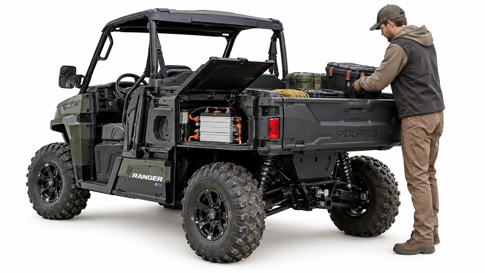 A man unloading gear from the cargo bed of a green electric Polaris Ranger UTV on a white background.