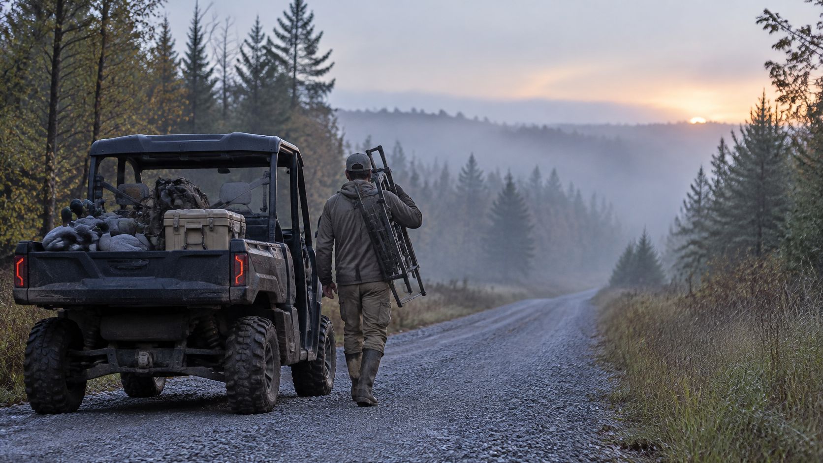 A hunter carrying climbing gear walks along a gravel road beside a UTV in a misty forest.