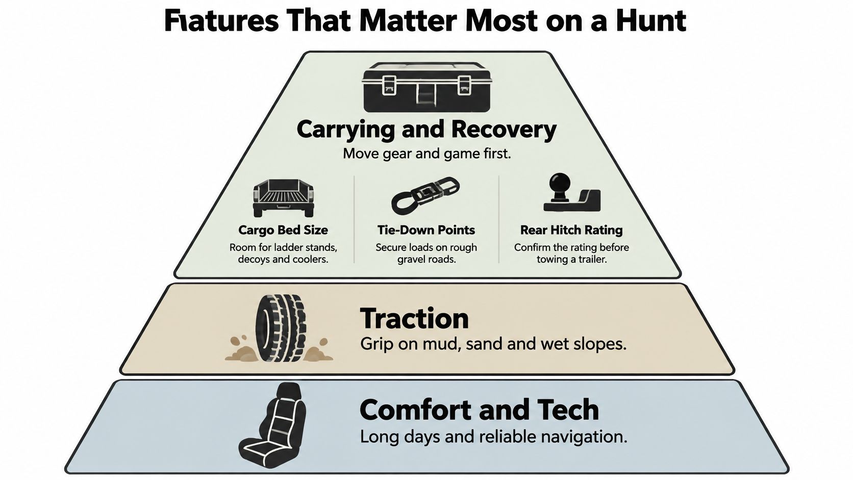 A hierarchy pyramid chart illustrating essential vehicle features for hunting, including cargo, recovery, traction, and comfort.