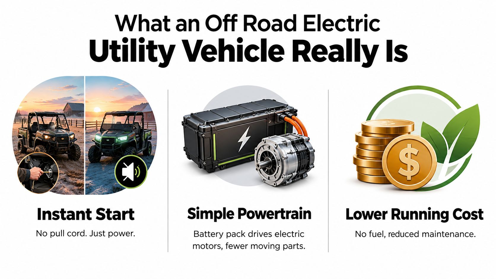 An infographic illustrating the benefits of an off-road electric utility vehicle including instant start, simple powertrain, and lower running costs.