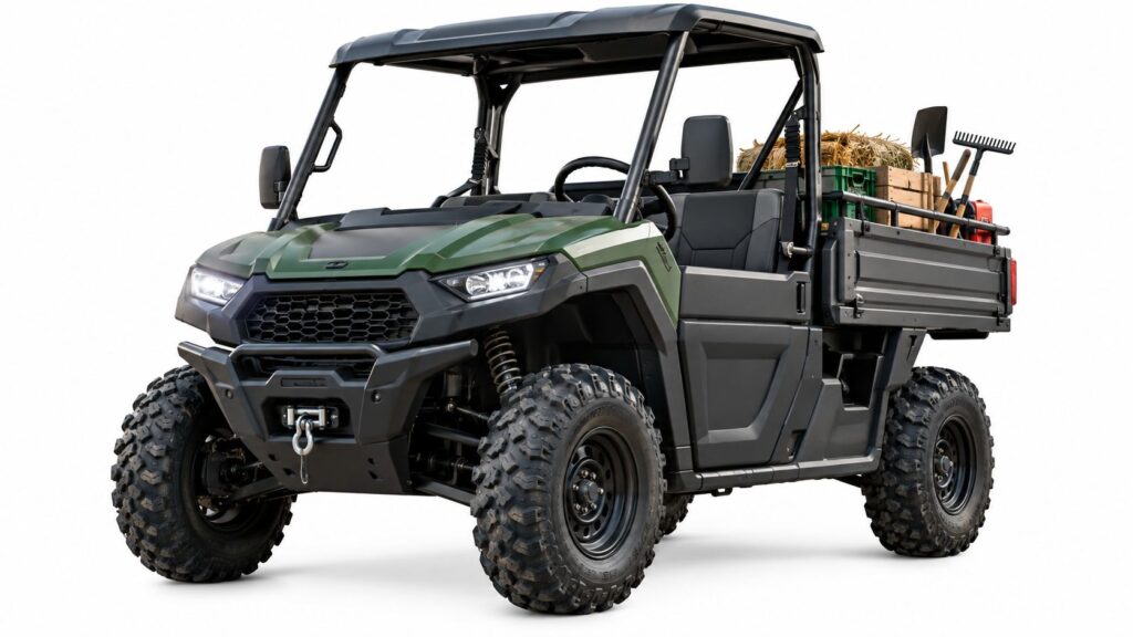 Off-road electric utility vehicle on a trail