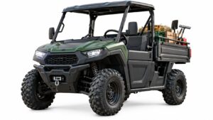 Off-road electric utility vehicle on a trail