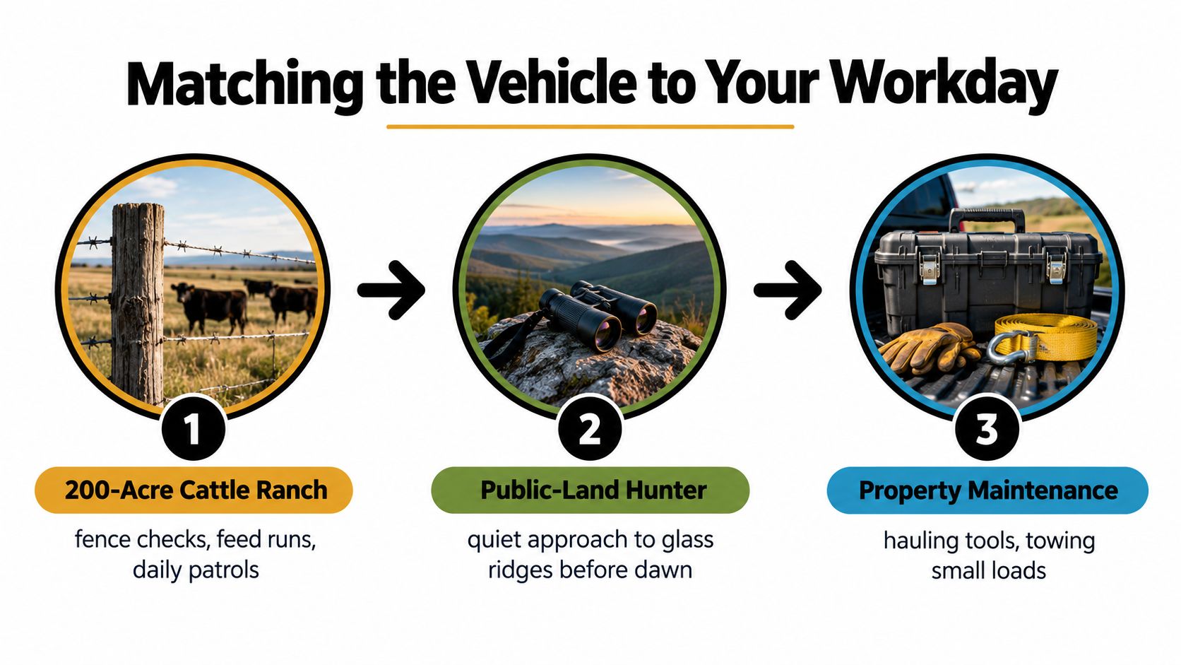 An infographic titled Matching the Vehicle to Your Workday showing three examples of utility vehicle uses.