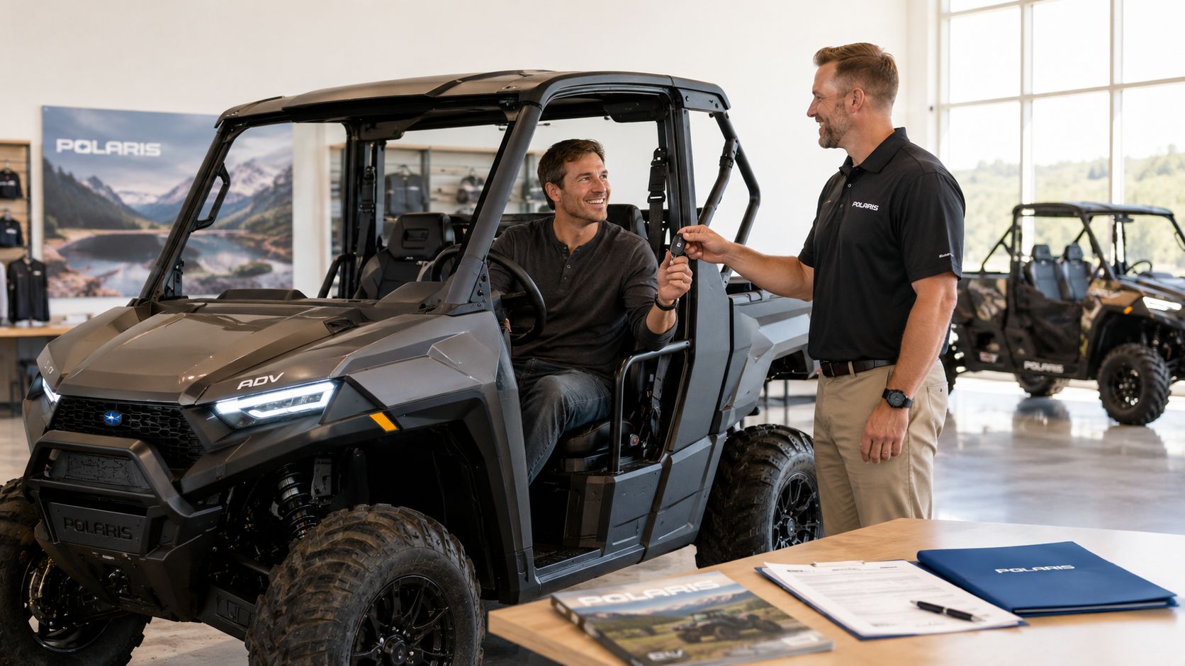 A salesman hands vehicle keys to a smiling man sitting in a new Polaris electric UTV.