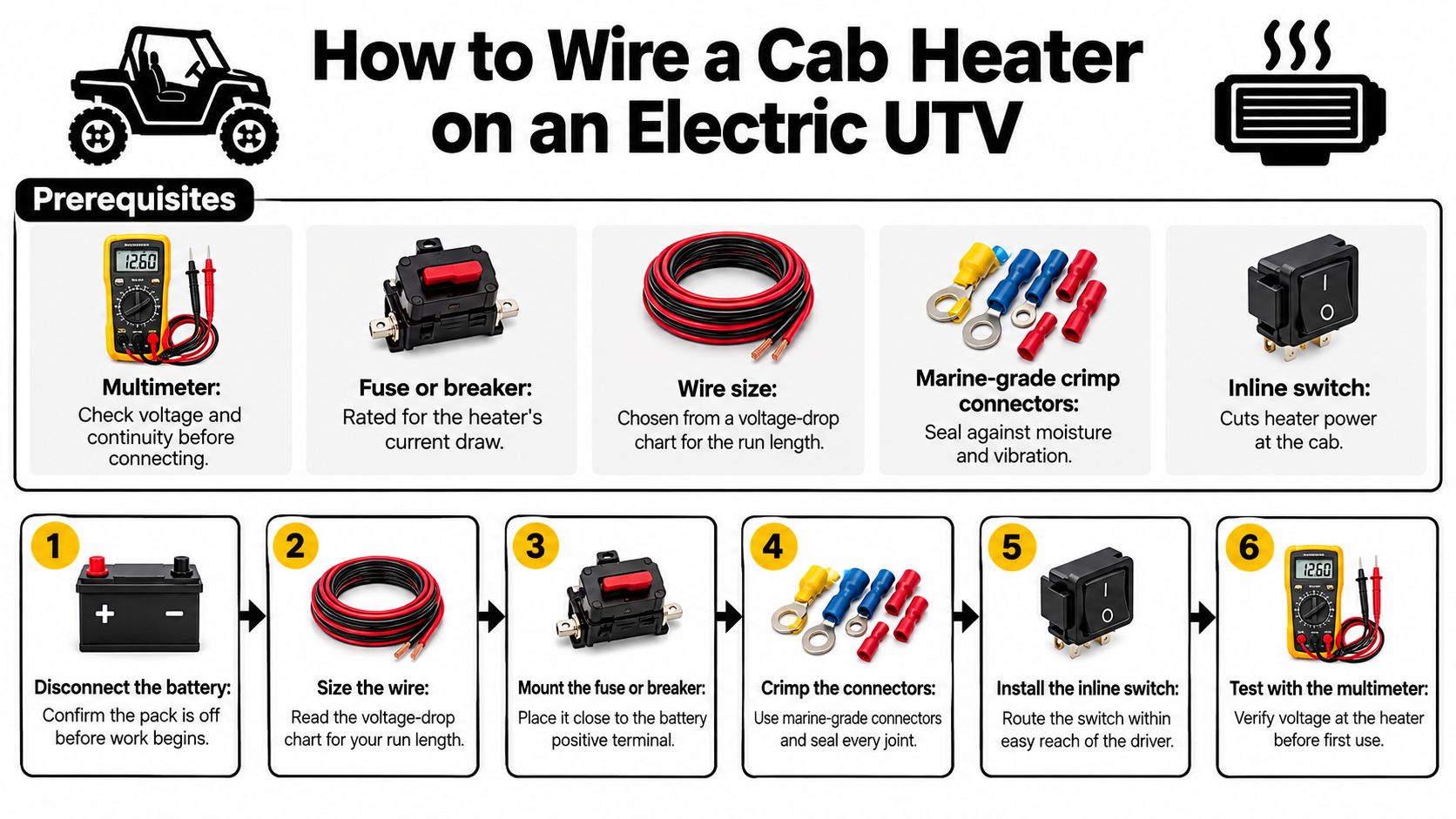 A step-by-step infographic showing how to wire a cab heater on an electric UTV vehicle.