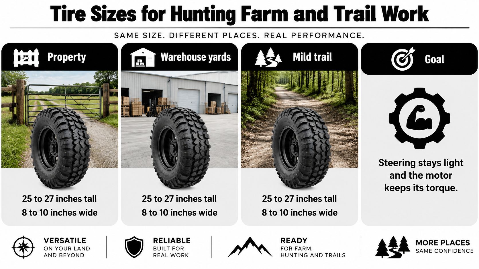 An infographic showing that 25-27 inch tall tires are ideal for farm, hunting, and trail work.