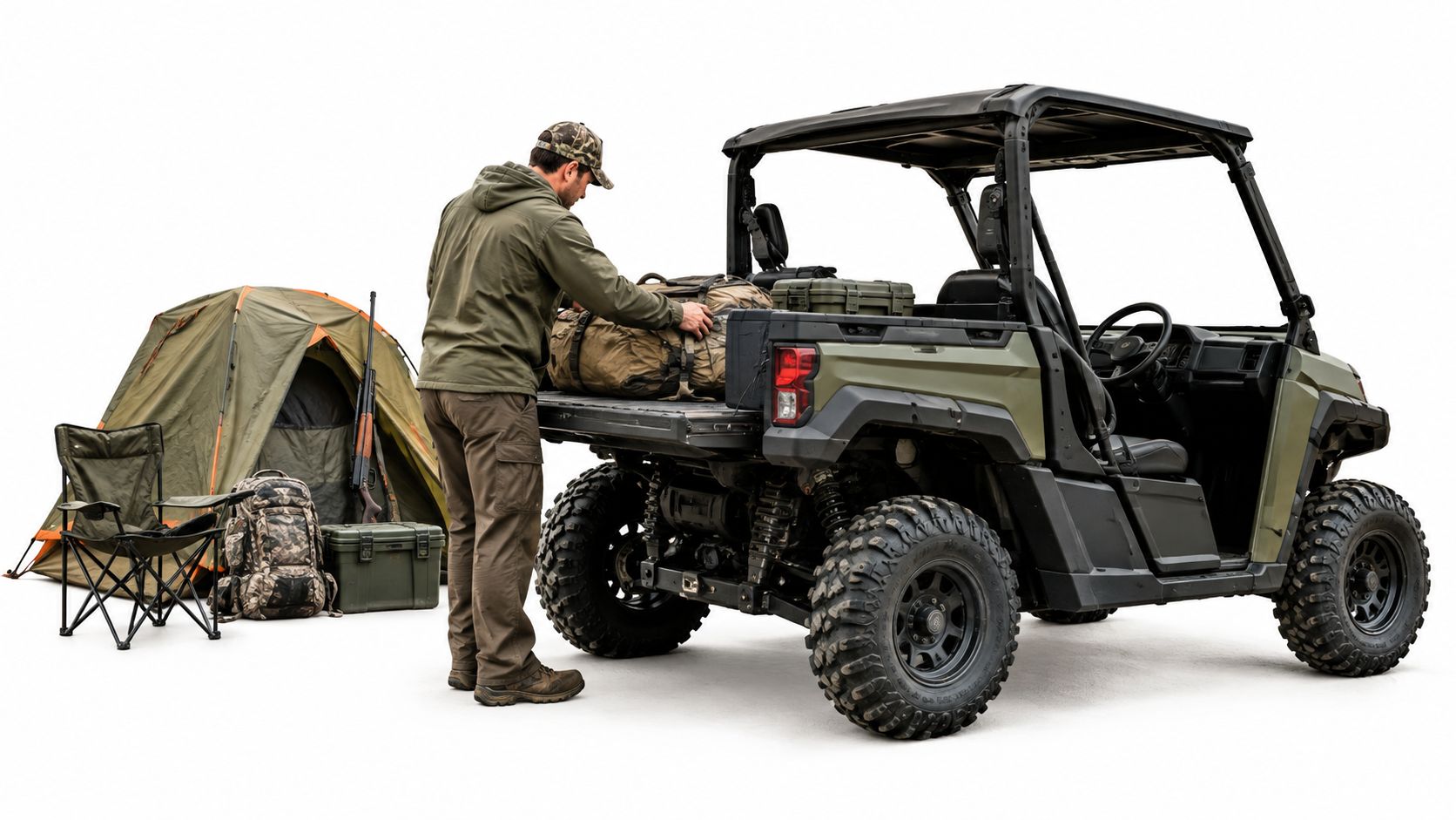 A man wearing camo cap and green gear packing supplies into a two seater UTV near a tent.