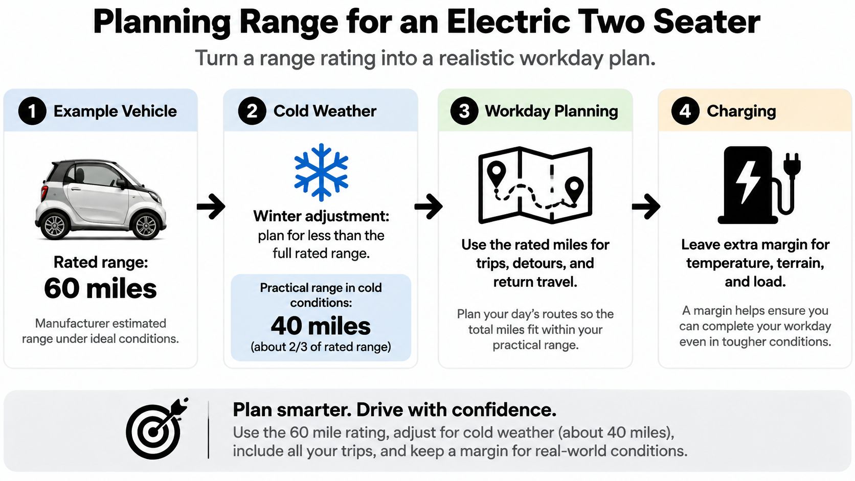 An infographic showing steps for planning an electric two seater vehicle range for daily work tasks.