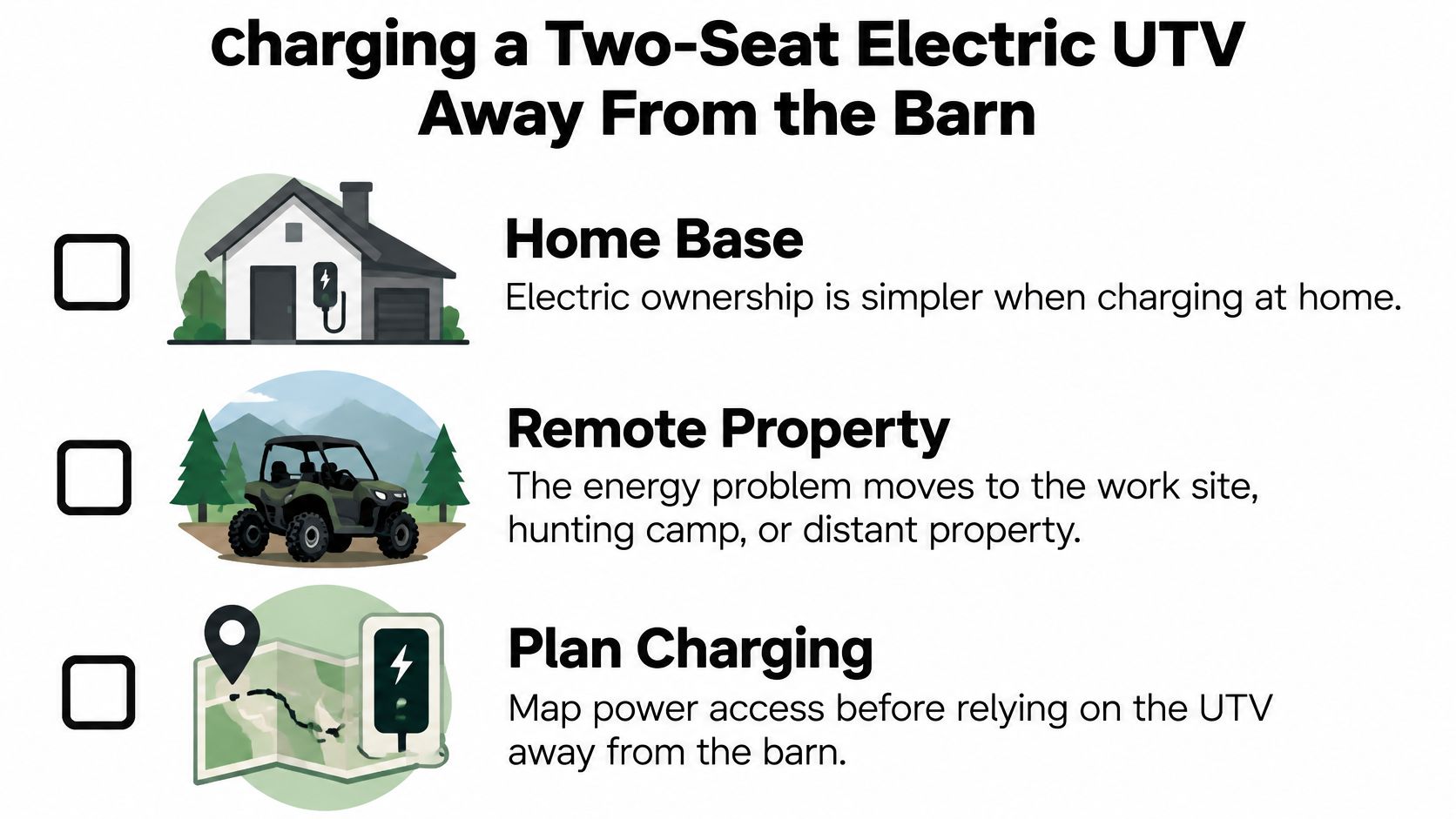 An infographic illustrating three key considerations for charging a two-seat electric UTV at remote locations.
