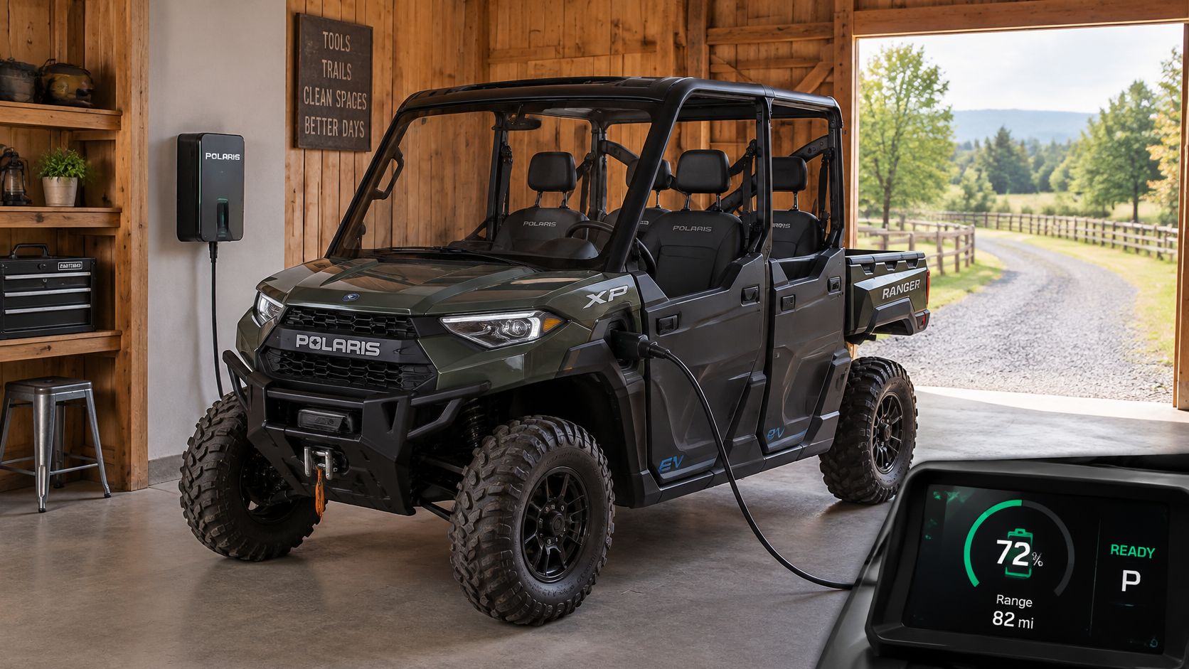 A green Polaris Ranger XP electric 4-seater UTV charging inside a wooden barn garage setting.