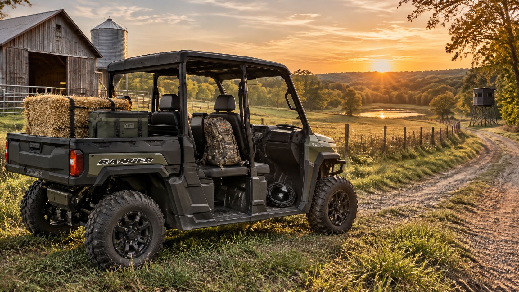A green Polaris Ranger UTV parked on a grassy field near a farm at sunset.