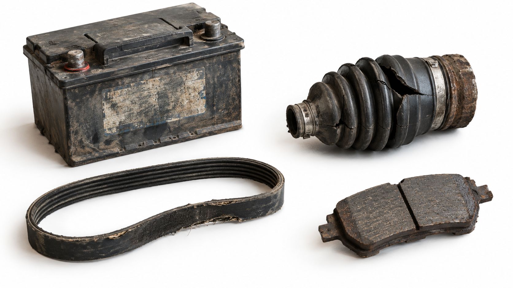 Dirty used automotive parts including a car battery, CV joint boot, serpentine belt, and brake pad.