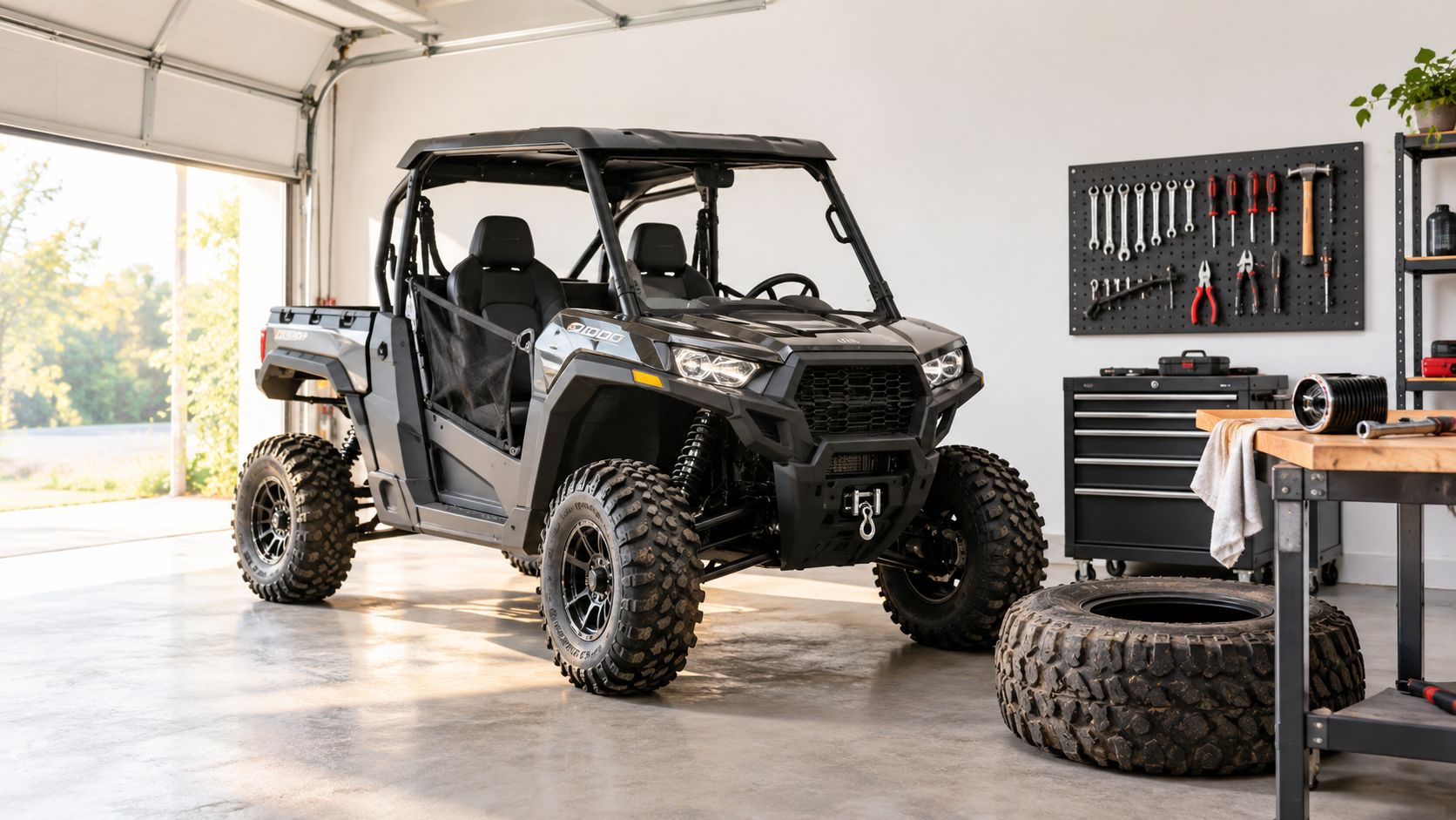 A black off-road UTV vehicle parked inside a clean garage workshop with tools and a spare tire nearby.